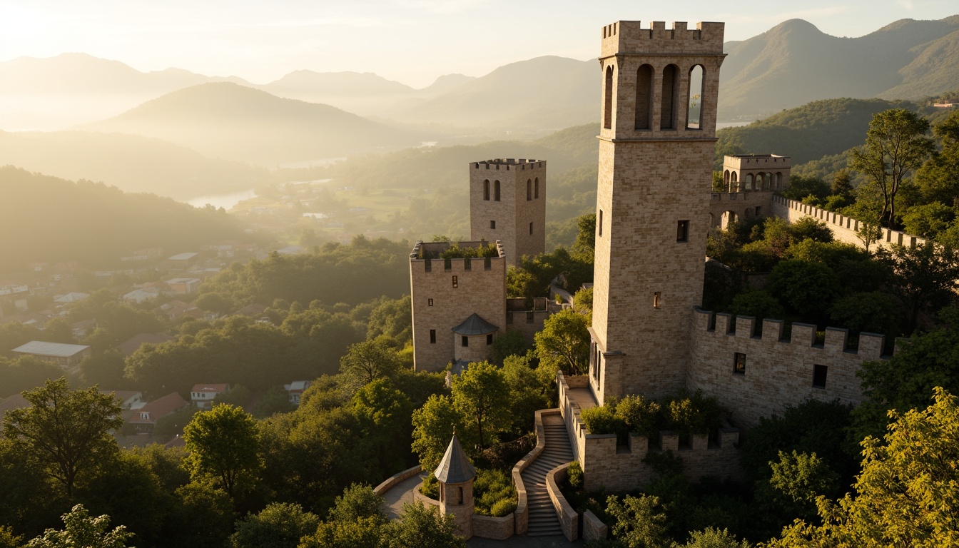 Prompt: Rolling hills, serene countryside, majestic watching towers, stone brick structures, ivy-covered walls, medieval-inspired architecture, winding staircases, grand observation decks, panoramic views, misty mornings, warm golden lighting, soft focus blur, 1/2 composition, atmospheric perspective, realistic textures, ambient occlusion.