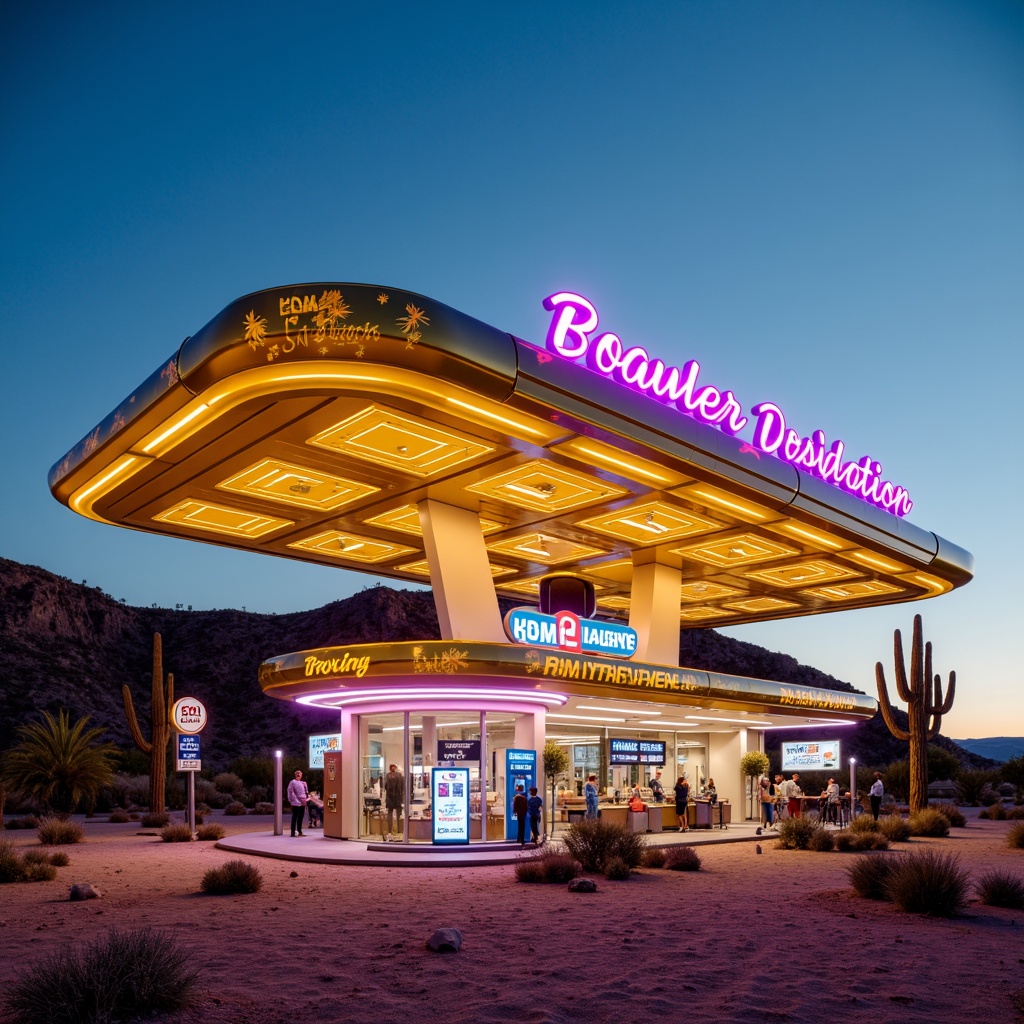 Prompt: Vibrant desert gas station, neon signs, bold typography, retro-futuristic architecture, curved lines, glossy metallic surfaces, bright yellow, fiery orange, electric blue, deep purple, sandy terrain, cactus silhouettes, vast open skies, warm sunny day, dramatic shadows, high-contrast lighting, shallow depth of field, 1/2 composition, cinematic view, realistic textures, ambient occlusion.