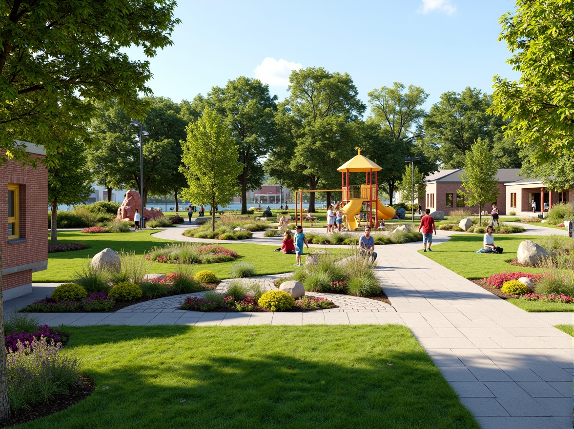 Prompt: Vibrant community park, lush green lawns, colorful flower beds, modern playground equipment, interactive art installations, dynamic street furniture, shaded picnic areas, educational signage, winding walking paths, natural stone benches, eclectic streetlights, warm sunny days, soft afternoon lighting, 1/1 composition, realistic textures, ambient occlusion.