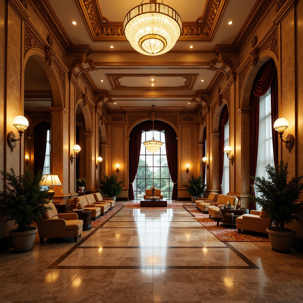 Prompt: Luxurious hotel lobby, grand chandelier, intricately carved marble columns, ornate gold leaf details, velvet drapes, rich wood paneling, polished stone flooring, ornamental plasterwork, crystal sconces, lavish furnishings, neoclassical arches, symmetrical composition, warm golden lighting, shallow depth of field, 1/2 composition, realistic textures, ambient occlusion.