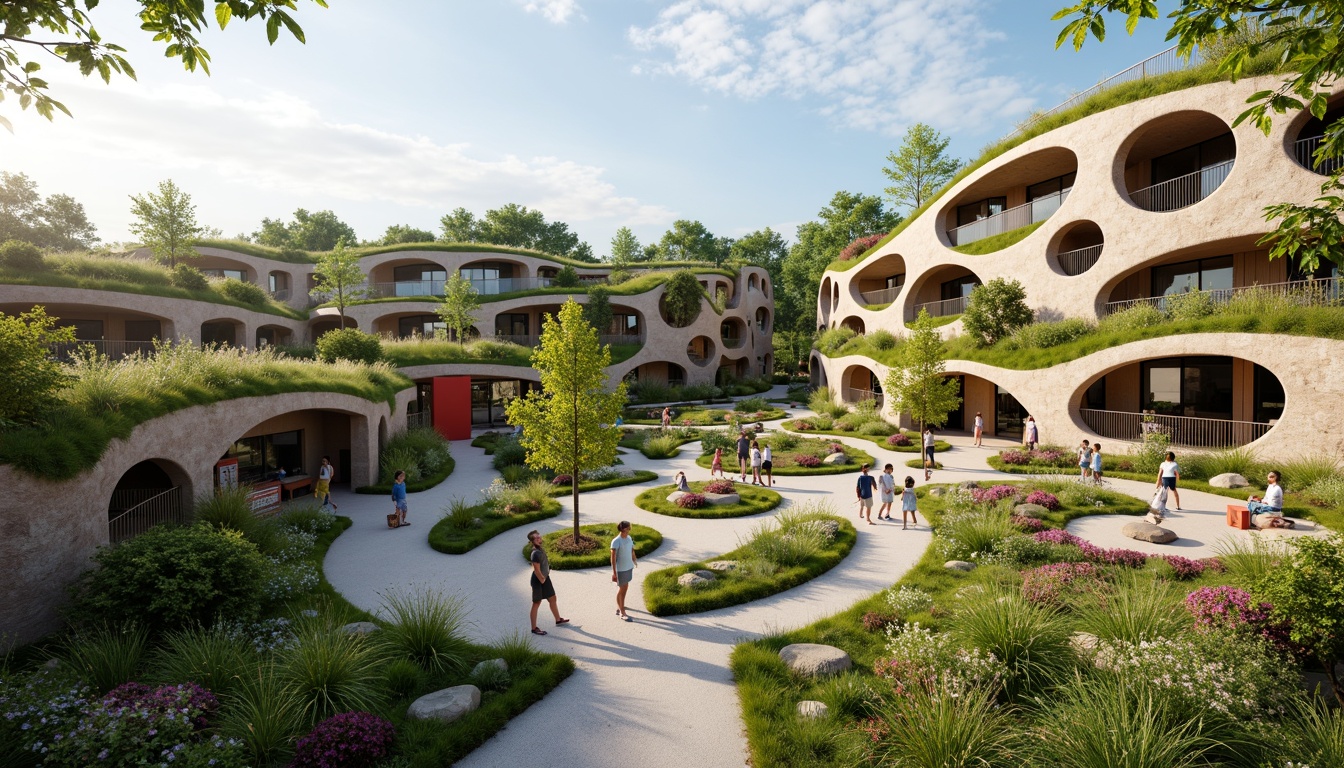 Prompt: Vibrant green roofs, living walls, natural stone facades, curved blob-like buildings, playful playgrounds, winding walkways, educational signage, outdoor classrooms, blooming gardens, sunny days, soft warm lighting, shallow depth of field, 3/4 composition, panoramic views, realistic textures, ambient occlusion, integrated water features, sustainable drainage systems, eco-friendly materials, innovative ventilation technologies, shaded outdoor spaces, misting systems, futuristic architecture, modern design elements, dynamic shapes, bold colorful accents.