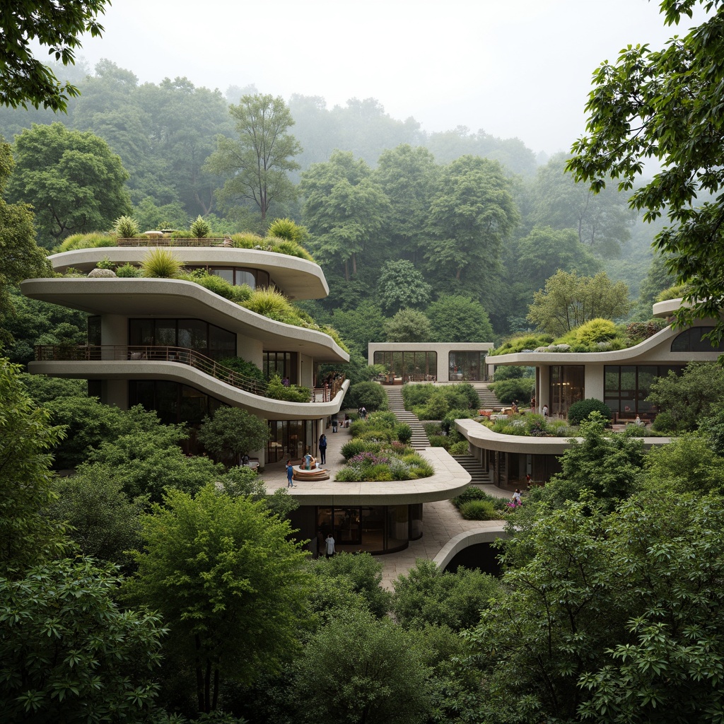 Prompt: Eco-friendly building, harmonious integration, lush green roofs, living walls, natural ventilation systems, solar panels, rainwater harvesting, recycled materials, earthy tones, organic forms, curvaceous lines, blending into surroundings, serene forest backdrop, misty atmosphere, soft diffused lighting, shallow depth of field, 1/1 composition, realistic textures, ambient occlusion.