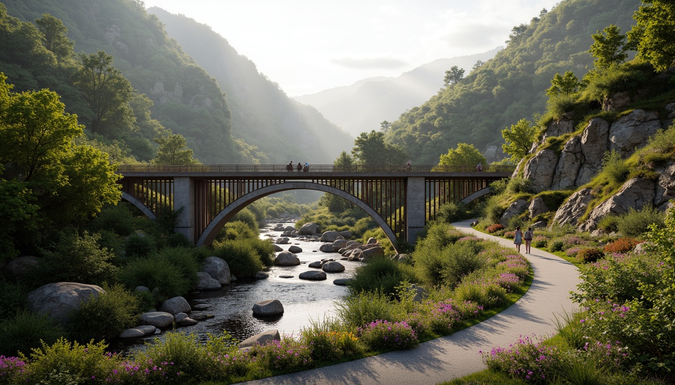 Prompt: Mountainous terrain, winding roads, steel arch bridge, rustic stone piers, lush greenery, vibrant flowers, gentle streams, misty atmosphere, warm sunlight, soft focus, shallow depth of field, 1/1 composition, symmetrical view, realistic textures, ambient occlusion, harmonious landscape integration, ecological balance, sustainable design, natural materials, weathered steel surfaces, wooden railings, scenic viewpoints, pedestrian walkways, cycling paths.