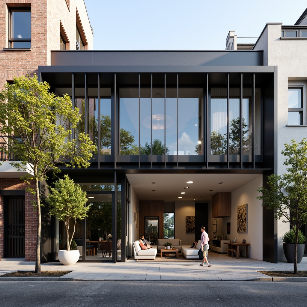 Prompt: Minimalist hostel facade, industrial materials, steel frames, rectangular windows, functional simplicity, clean lines, monochromatic color scheme, brutalist concrete walls, geometric patterns, communal lounge area, modernist furniture, minimalist decor, abundant natural light, high ceilings, open floor plan, functional layout, efficient use of space, urban cityscape, busy street scene, morning sunlight, soft warm lighting, shallow depth of field, 3/4 composition, realistic textures, ambient occlusion.