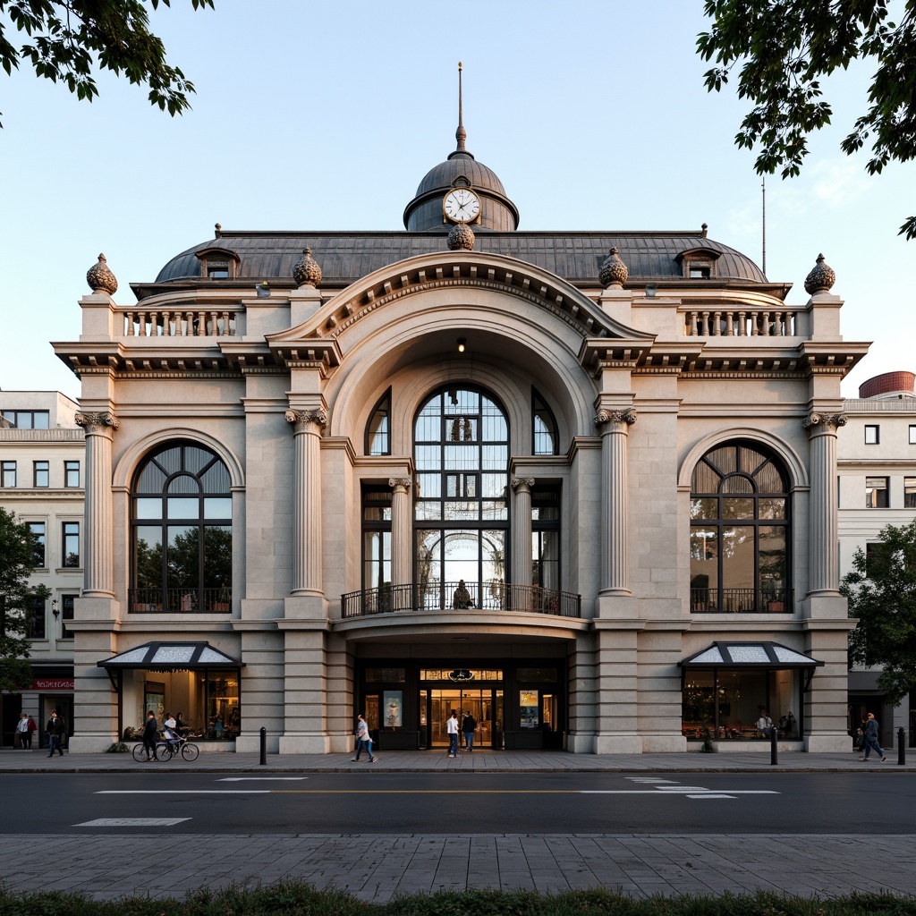 Prompt: Grand tram station, neoclassical facade, ornate columns, intricate moldings, symmetrical architecture, grand entrance, high ceilings, vaulted roofs, limestone walls, marble floors, bronze details, large windows, glass canopies, ornamental railings, classic clock tower, vintage street lamps, urban cityscape, busy streets, morning commute, soft natural lighting, shallow depth of field, 1/2 composition, realistic textures, ambient occlusion.