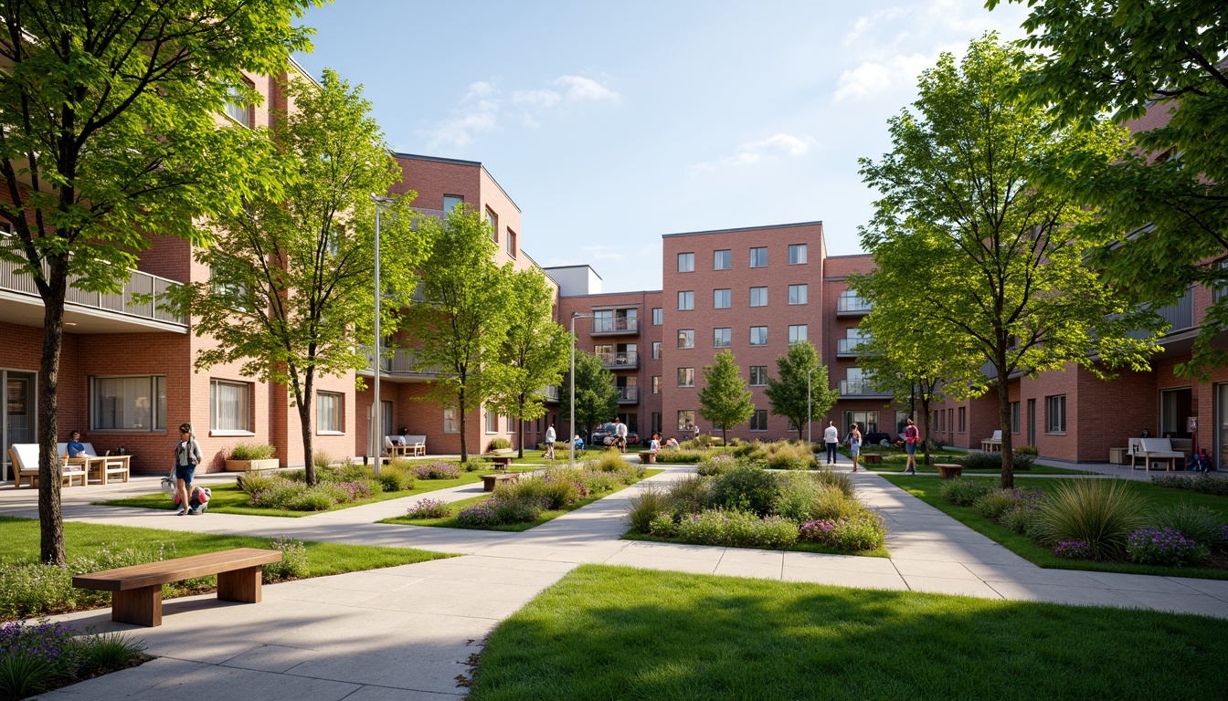 Prompt: Vibrant campus courtyard, lush green lawns, blooming flowerbeds, rustic wooden benches, modern street lamps, educational signage, natural stone pathways, brick buildings, cozy reading nooks, warm sunny days, soft warm lighting, shallow depth of field, 3/4 composition, panoramic view, realistic textures, ambient occlusion, comfortable outdoor seating areas, colorful umbrellas, refreshing water features, walking trails, bike racks, sustainable landscaping practices.