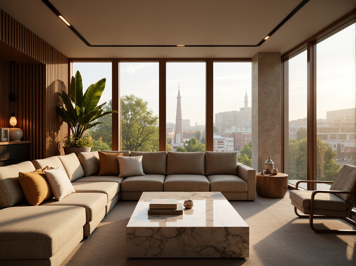 Prompt: Cozy living room, plush furniture, warm beige tones, soft golden lighting, natural wood accents, comfortable throw pillows, vibrant greenery, modern minimalist decor, sleek marble coffee table, floor-to-ceiling windows, panoramic city view, shallow depth of field, 1/2 composition, realistic textures, ambient occlusion.