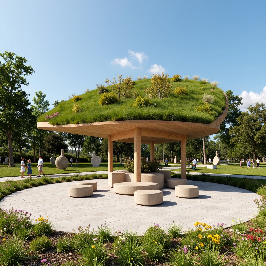 Prompt: Curved pavilion structure, lush green roof, cantilevered canopy, natural stone flooring, minimalist benches, modern sculptures, vibrant flower arrangements, tranquil water features, walking paths, open lawns, sunny day, soft warm lighting, shallow depth of field, 3/4 composition, panoramic view, realistic textures, ambient occlusion.