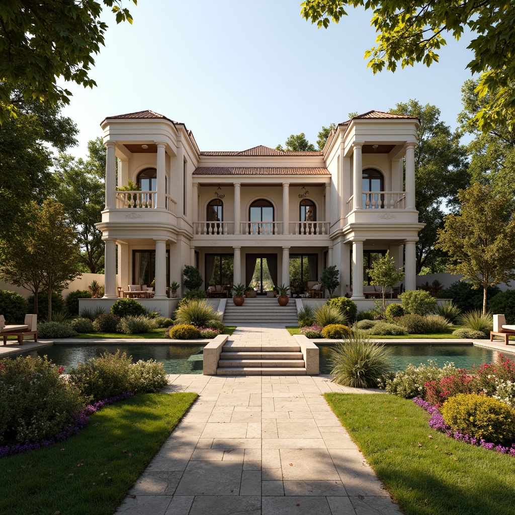 Prompt: Elegant neoclassical villa, ornate facades, symmetrical architecture, grand entrance, ionic columns, carved stone decorations, lush greenery, manicured lawns, vibrant flowers, meandering walkways, serene water features, natural stone bridges, picturesque gardens, warm sunny day, soft golden lighting, shallow depth of field, 1/2 composition, subtle atmospheric perspective, realistic textures, ambient occlusion.