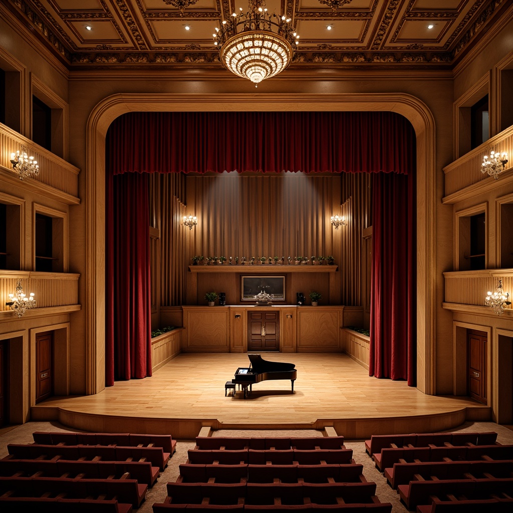 Prompt: Intimate concert hall, wooden stage flooring, velvet curtains, grand piano, sound-absorbing panels, tiered seating, ornate chandeliers, rich wood accents, soft warm lighting, shallow depth of field, 2/3 composition, warm natural colors, luxurious textiles, intricate molding details, dramatic spotlights, subtle reverberation, optimal sound reflection, acoustic diffusers, state-of-the-art sound systems.