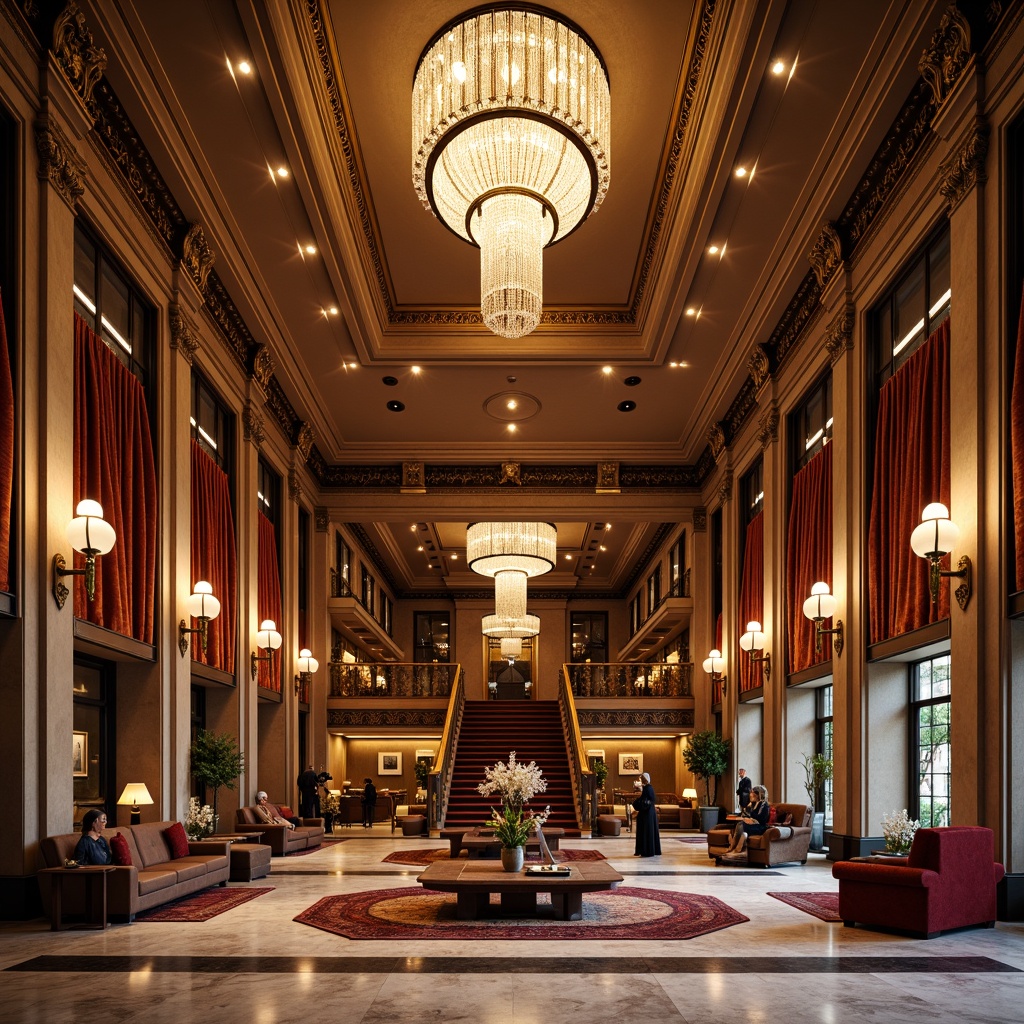 Prompt: Luxurious hotel lobby, ornate chandeliers, marble floors, velvet drapes, rich wood paneling, gilded moldings, intricately carved furniture, plush area rugs, crystal sconces, warm golden lighting, high ceilings, grand staircase, lavish furnishings, elegant upholstery, classic Renaissance-inspired patterns, sophisticated color palette, refined textures, subtle sheen, 1/1 composition, shallow depth of field, realistic materials.