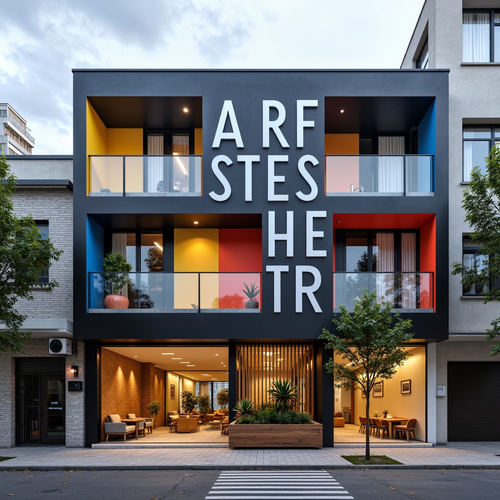 Prompt: Rectangular hostel facade, primary color scheme, bold typography, functionalist decor, industrial materials, exposed ductwork, minimalist furniture, geometric patterns, angular lines, cubic forms, asymmetrical compositions, natural light pouring, open-plan communal spaces, social lounge areas, wooden accents, metal frames, concrete floors, urban cityscape views, cloudy day, high-contrast lighting, shallow depth of field, 2/3 composition, symmetrical framing, bold graphic elements, abstract textures.