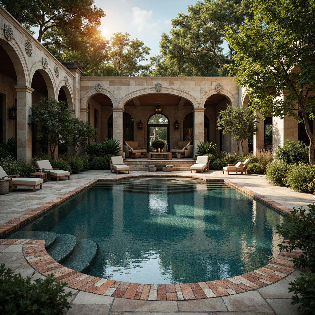 Prompt: Renaissance-style pool, ornate stone carvings, rustic brick coping, glazed ceramic tiles, travertine decking, natural rock formations, lush greenery surroundings, tranquil water reflections, warm golden lighting, shallow depth of field, 1/2 composition, soft focus, realistic textures, ambient occlusion.