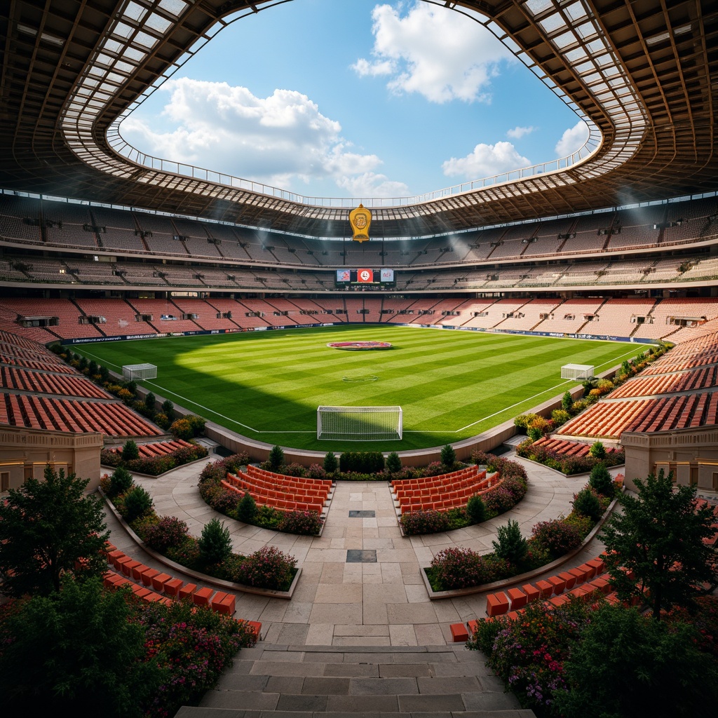 Prompt: Grandiose soccer stadium, classical arches, ornate columns, symmetrical fa\u00e7ade, majestic domes, intricate stone carvings, elegant balconies, refined ornamental details, lush greenery, vibrant flowers, natural stone walkways, grand staircases, regal entrance gates, imposing statues, dramatic floodlights, warm golden lighting, shallow depth of field, 2/3 composition, panoramic view, realistic textures, ambient occlusion.