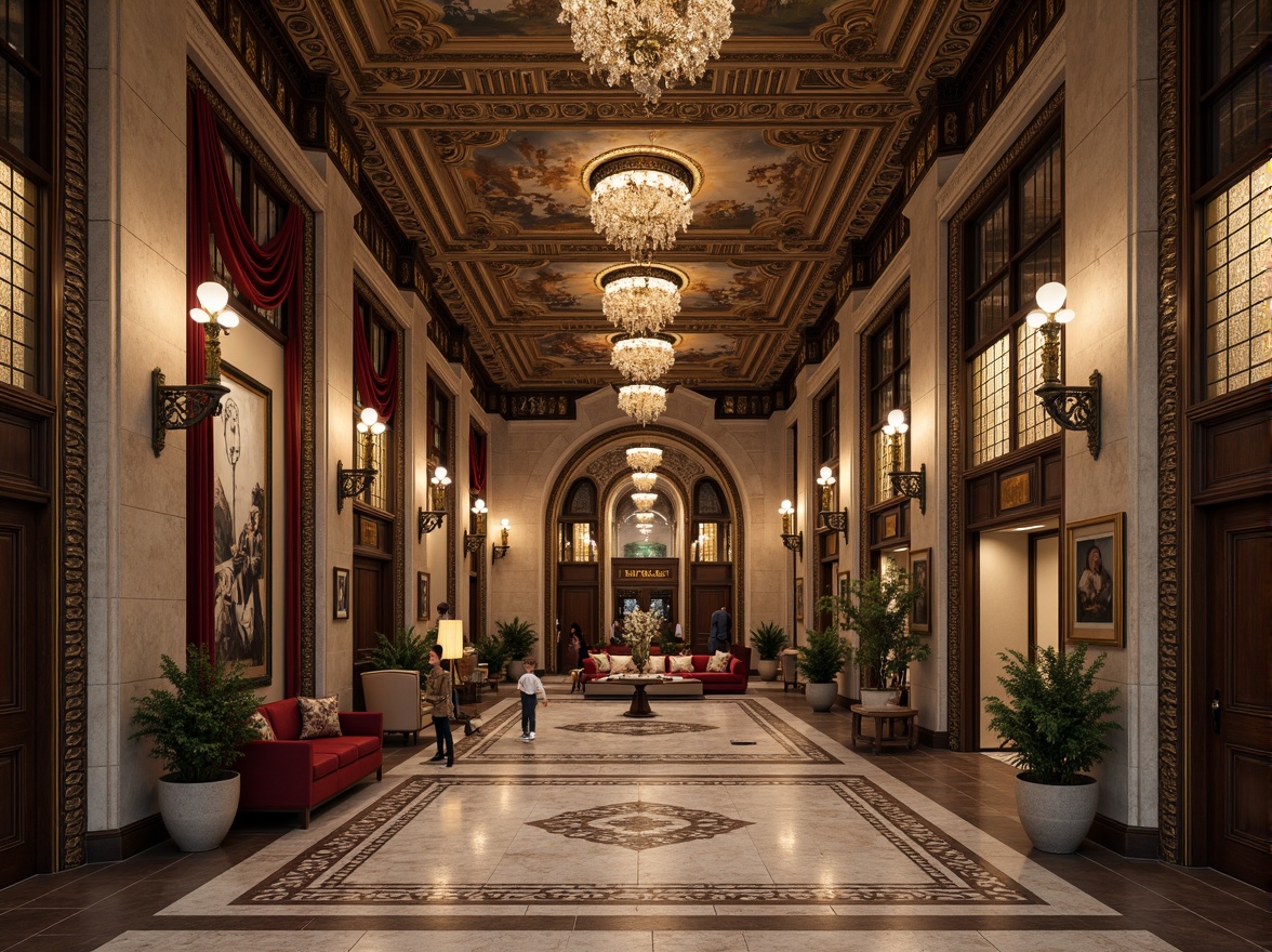 Prompt: Ornate bank building, grandiose entrance, marble columns, intricately carved stone facades, ornamental metalwork, gilded details, luxurious furnishings, velvet drapes, crystal chandeliers, rich wood paneling, frescoed ceilings, stately proportions, classical arches, dramatic lighting, shallow depth of field, 1/1 composition, realistic textures, ambient occlusion.