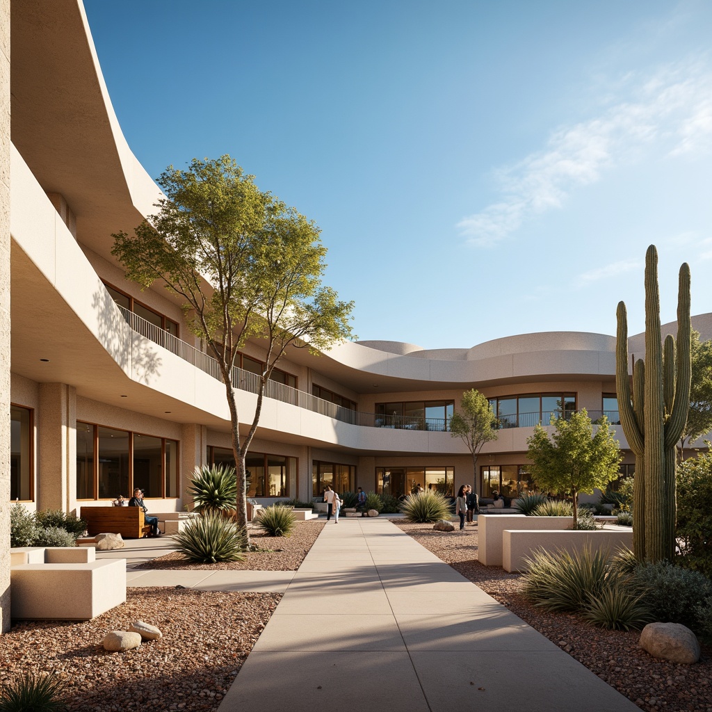 Prompt: Desert hospital building, natural stonework facade, curved architecture, earthy color palette, large overhangs, shaded outdoor spaces, thermal mass walls, high-mass concrete construction, passive cooling systems, nighttime radiative cooling, warm beige interiors, soft diffused lighting, comfortable patient rooms, modern medical equipment, desert botanical gardens, xeriscaping, arid landscape views, clear blue skies, low-angle sunlight, 3/4 composition, realistic textures, ambient occlusion.