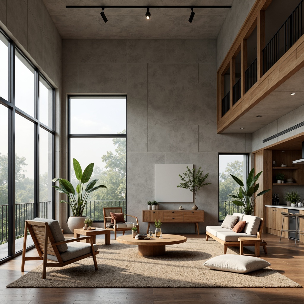 Prompt: Minimalist living room, reclaimed wood furniture, natural fiber rugs, recycled metal decor, eco-friendly textiles, energy-efficient lighting, floor-to-ceiling windows, industrial chic concrete walls, sparse greenery, low-poly 3D models, softbox lighting, atmospheric fog, cinematic camera angles, shallow depth of field, 2/3 composition, realistic renderings.