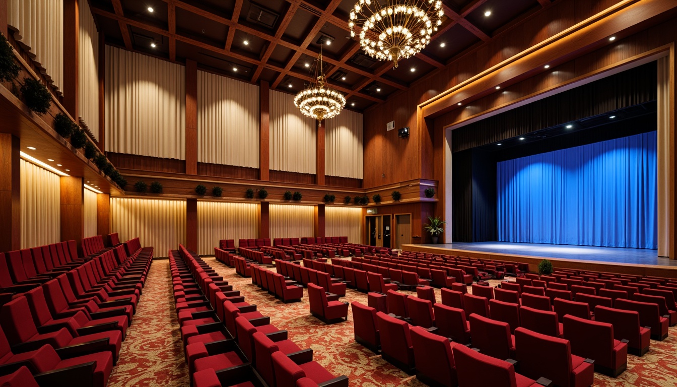 Prompt: Elegant auditorium interior, rich wood tones, velvety red seats, golden accents, soft cream walls, subtle patterned carpets, dramatic spotlights, warm beige curtains, luxurious dark wood paneling, ornate chandeliers, sophisticated sound systems, vibrant blue stage lighting, cinematic ambiance, 1/2 composition, shallow depth of field, realistic textures, ambient occlusion.