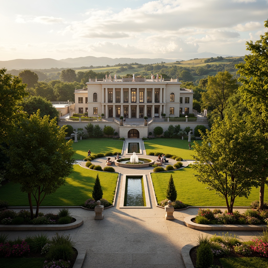 Prompt: Grand neoclassical mansion, symmetrical facade, ionic columns, ornate balustrades, lush green lawns, serene water features, walking paths, scenic overlooks, rolling hills, majestic trees, vibrant flower beds, classical sculptures, intricately carved stone details, soft golden lighting, warm afternoon sun, shallow depth of field, 1/1 composition, panoramic view, realistic textures, ambient occlusion.