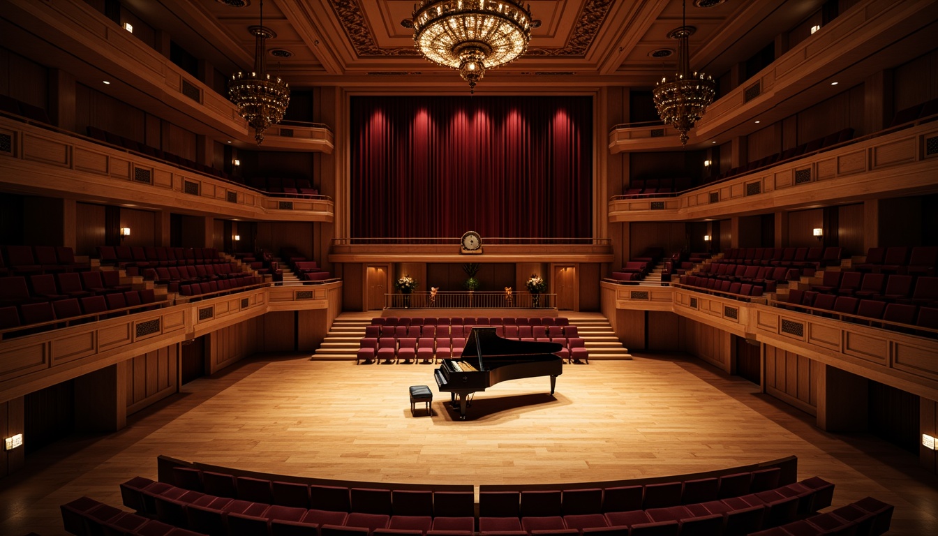 Prompt: Intimate concert hall, wooden stage, grand piano, velvet curtains, plush seating, sound-absorbing panels, acoustic diffusers, subtle lighting, warm ambiance, rich wood tones, ornate chandeliers, tiered seating, excellent reverberation, precise sound reflections, optimal resonance, clear sound projection, minimal echo, state-of-the-art audio equipment, professional sound engineering, precise acoustic calibration.