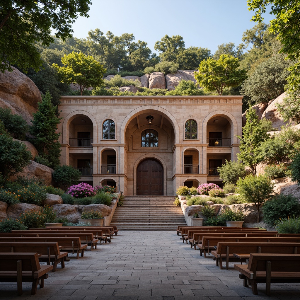 Prompt: Vibrant eclectic amphitheater, tiered seating, ornate stone walls, majestic arches, grandiose entrance, lush greenery, blooming flowers, natural rock formations, wooden benches, intricate carvings, ornamental lighting, warm golden tones, soft evening ambiance, shallow depth of field, 1/2 composition, panoramic view, realistic textures, ambient occlusion.