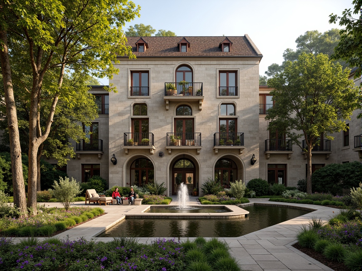 Prompt: Renaissance-style bank building, grand stone fa\u00e7ade, ornate balconies, rustic stonework, symmetrical architecture, lush greenery integration, natural water features, serene fountain, walking paths, scenic overlooks, mature trees, vibrant flowerbeds, soft warm lighting, shallow depth of field, 3/4 composition, panoramic view, realistic textures, ambient occlusion.