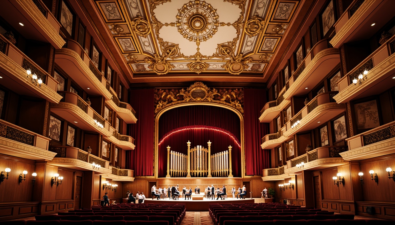 Prompt: Ornate concert hall, rich wood accents, gilded moldings, velvet drapes, intricate frescoes, acoustic panels, sound-absorbing materials, ornamental chandeliers, grandiose staircases, luxurious furnishings, opulent fabrics, regal color palette, dramatic lighting effects, shallow depth of field, 1/2 composition, warm ambient lighting, realistic reflections, subtle textures.