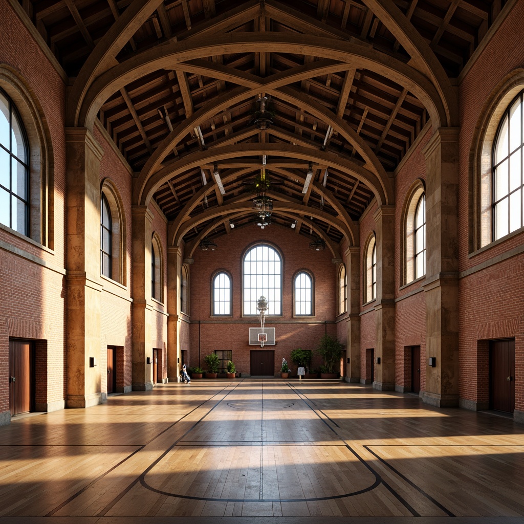 Prompt: Renaissance-style gymnasium, grand arches, classical columns, ornate carvings, vaulted ceilings, natural stone walls, large windows, wooden flooring, athletic equipment, basketball hoops, tennis courts, track fields, medieval-inspired architecture, rustic red brick, ornamental lanterns, symmetrical composition, warm soft lighting, high contrast ratio, 1/1 aspect ratio, realistic textures, subtle ambient occlusion.