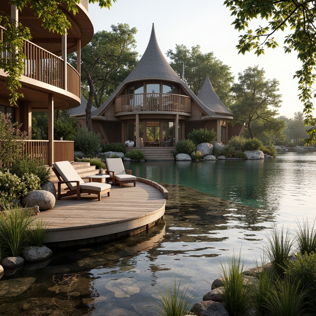 Prompt: Curved wooden dock, rustic waterfront, serene lake scenery, lush greenery, blooming flowers, natural stone walls, wooden accents, organic blob-like structure, undulating rooflines, curved windows, soft warm lighting, shallow depth of field, 3/4 composition, panoramic view, realistic textures, ambient occlusion, earthy color palette, natural materials, minimalist interior design, cozy reading nooks, plush furnishings, woven textiles, subtle nautical accents.