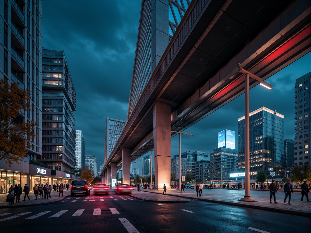 Prompt: Modern bridge architecture, sleek metal beams, silver-gray tones, bold red accents, dynamic urban landscape, fast-paced city life, abstract geometric patterns, neon nighttime lighting, misty atmospheric effects, shallow depth of field, 1/2 composition, low-angle shot, cinematic mood, realistic metallic textures, ambient occlusion.