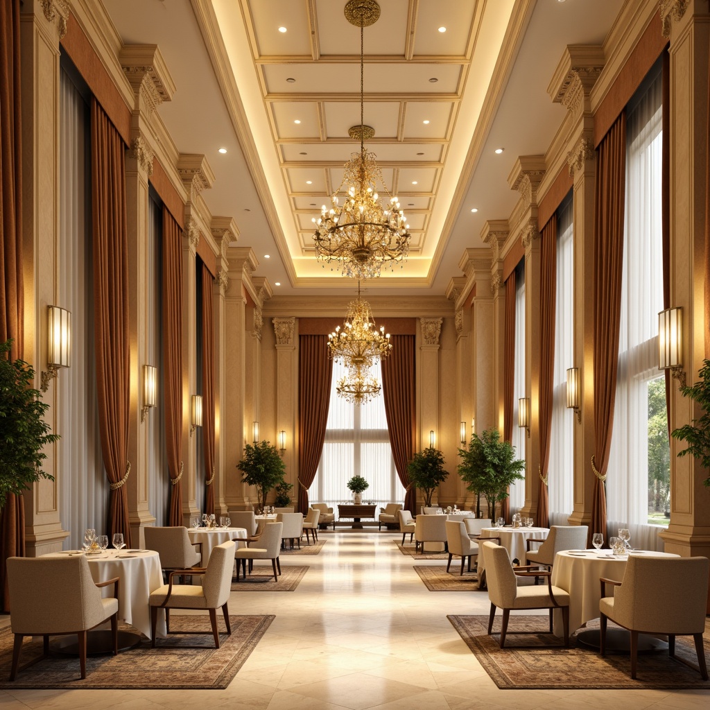 Prompt: Elegant dining hall, neoclassical architecture, cream-colored marble floors, ornate golden chandeliers, rich wood paneling, luxurious velvet drapes, soft warm beige walls, intricate moldings, ornamental plaster ceilings, symmetrical compositions, classical columns, grandiose crystal fixtures, sophisticated furniture pieces, refined metal accents, subtle satin textures, gentle warm lighting, shallow depth of field, 2/3 composition, realistic reflections, ambient occlusion.