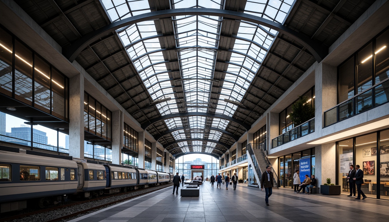 Prompt: Futuristic train station, sleek metallic fa\u00e7ade, dynamic LED lighting, cantilevered roofs, grand atriums, spacious platforms, advanced solar panels, kinetic glass walls, sustainable concrete structures, recycled plastic benches, minimalist signage, ambient urban sounds, warm indirect lighting, shallow depth of field, 2/3 composition, panoramic view, realistic textures, ambient occlusion.