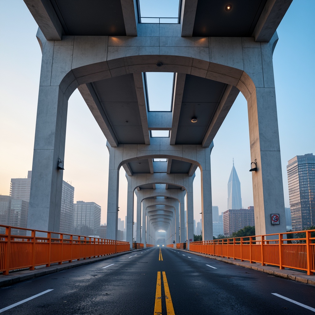 Prompt: Modern bridge architecture, sleek metal beams, silver-grey concrete pillars, iridescent LED lighting, urban cityscape, misty morning atmosphere, soft blue-gray fog, vibrant orange safety railings, dark grey asphalt roads, steel cable suspension systems, minimalist design, angular lines, geometric shapes, warm golden sunset, dramatic shadows, high-contrast textures, atmospheric perspective, 3/4 composition, realistic reflections.