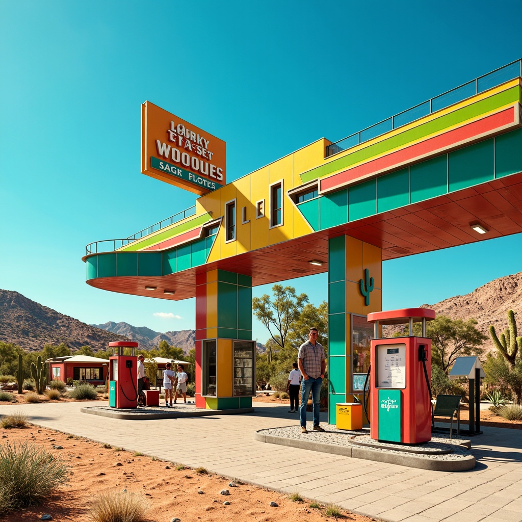 Prompt: Vibrant gas station, neon signs, retro-futuristic architecture, bold typography, cactus silhouettes, sandy terrain, hot sunny day, clear blue sky, vast open space, colorful fuel pumps, metallic accents, reflective glass surfaces, angular lines, modernist design, LED lighting, electric vehicle charging stations, solar panels, wind turbines, water conservation systems, eco-friendly materials, innovative cooling technologies, shaded outdoor spaces, misting systems, Southwestern-inspired patterns, vibrant turquoise, bold yellows, deep oranges, rusty reds, 3/4 composition, panoramic view, realistic textures, ambient occlusion.