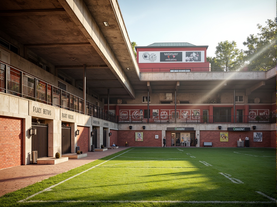 Prompt: Timeless soccer stadium, nostalgic grandstands, earthy red brick facade, aged stone columns, ornate metal gates, vintage scoreboard, lush green grass, creamy white accents, rich wooden benches, classic lantern-style lighting, warm sunny day, soft natural lighting, shallow depth of field, 1/2 composition, symmetrical architecture, neoclassical details, realistic textures, ambient occlusion.