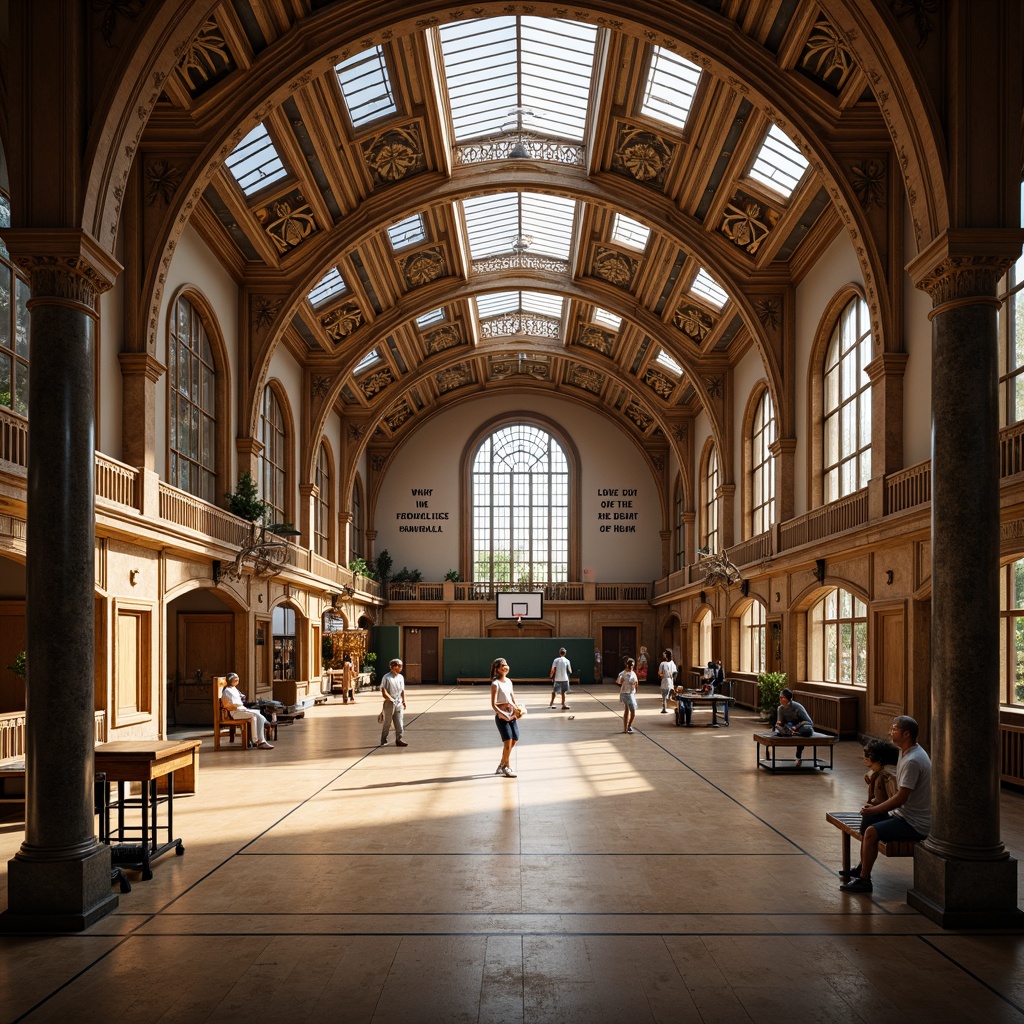 Prompt: Renaissance gymnasium interior, high ceilings, grand archways, ornate chandeliers, wooden flooring, marble columns, large windows, stained glass skylights, clerestory windows, natural light pouring in, warm atmosphere, soft shadows, athletic equipment, basketball courts, tennis tables, running tracks, exercise machines, motivational quotes, antique furnishings, luxurious textures, ambient occlusion, shallow depth of field, 3/4 composition, panoramic view.