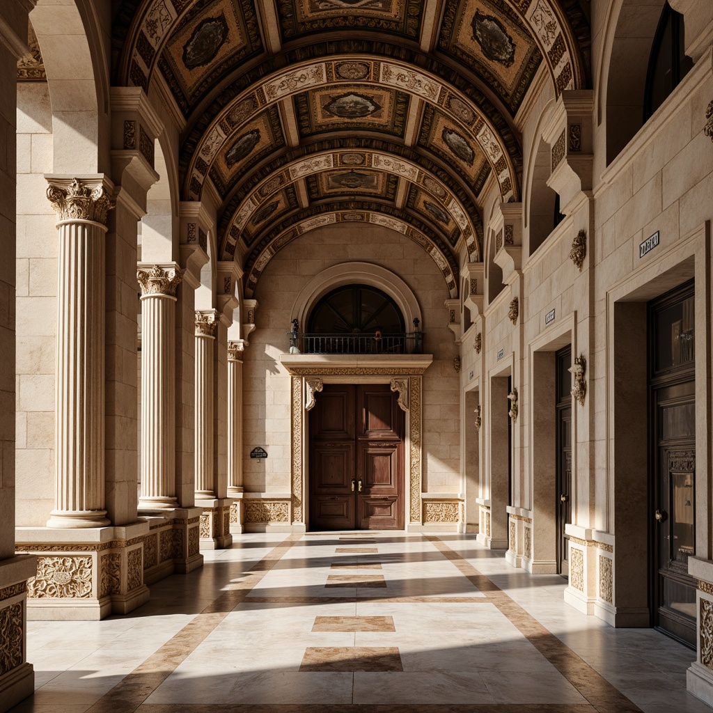 Prompt: Ornate columns, intricately carved stone, polished marble floors, ornamental plasterwork, richly textured fabrics, velvet drapes, golden accents, symmetrical facades, grandiose arches, imposing domes, limestone walls, rustic brick patterns, weathered wooden doors, distressed metal fixtures, soft warm lighting, shallow depth of field, 1/1 composition, realistic textures, ambient occlusion.