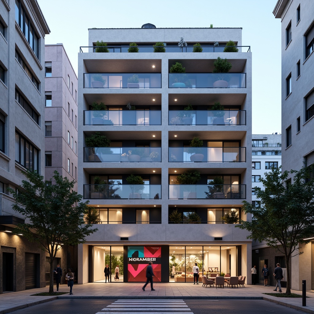 Prompt: Minimalist hostel facade, rectangular volumes, clean lines, industrial materials, raw concrete walls, steel beams, functional balconies, geometric window patterns, primary color accents, bold typography, urban cityscape, busy streets, modern streetlights, shallow depth of field, 2/3 composition, symmetrical framing, high contrast lighting, dramatic shadows, brutalist textures, abstract artwork, avant-garde decor.