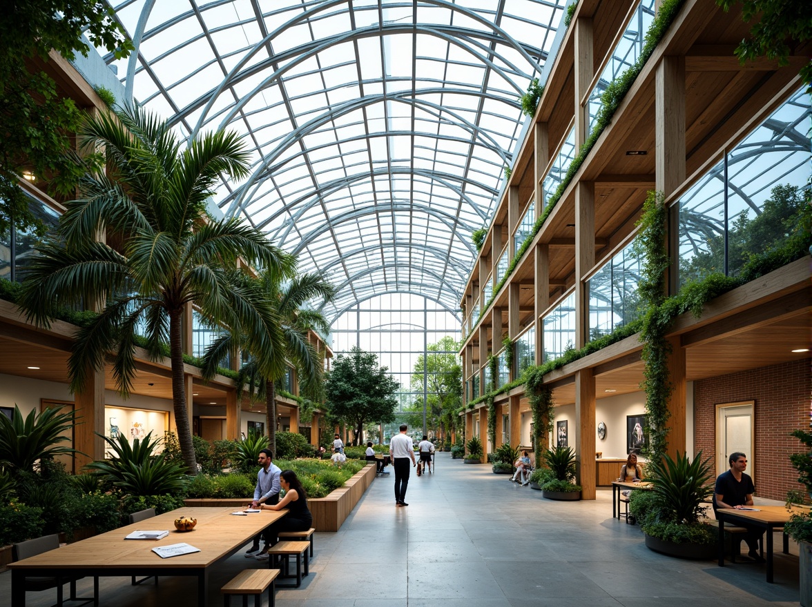 Prompt: Curved glass roofs, steel frame structures, lush greenery, tropical plants, natural ventilation systems, clerestory windows, wooden accents, exposed brick walls, modern educational facilities, collaborative learning spaces, flexible seating arrangements, interactive whiteboards, warm soft lighting, shallow depth of field, 1/1 composition, realistic textures, ambient occlusion.