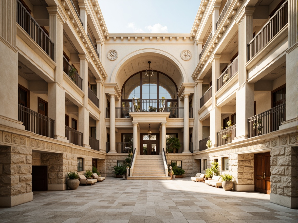 Prompt: Grand library facade, neoclassical architecture, symmetrical composition, ornate columns, carved stone details, rusticated base, arched windows, classical pediments, grand entrance, sweeping staircases, elegant balconies, subtle molding, creamy white marble, rich wood accents, soft golden lighting, warm afternoon sun, shallow depth of field, 2/3 composition, slight vignette, realistic textures, ambient occlusion.