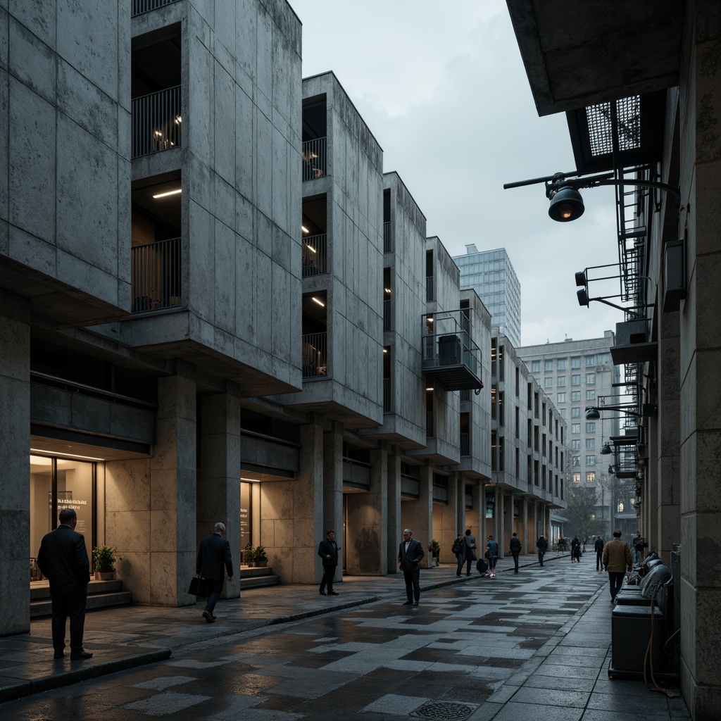 Prompt: Brutalist concrete structures, raw industrial materials, exposed ductwork, steel beams, rugged stone walls, minimalist decor, functional simplicity, urban cityscape, overcast skies, dramatic shadows, high-contrast lighting, cinematic composition, 1-point perspective, gritty textures, ambient occlusion, atmospheric mist, modernist typography.