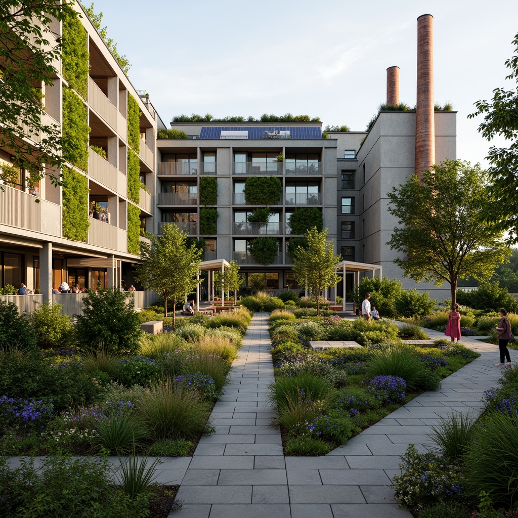 Prompt: Industrial factory building, lush green roof, living walls, vertical gardens, natural ventilation systems, solar panels, rainwater harvesting, grey water reuse, organic gardens, native plant species, meandering pathways, wooden benches, educational signs, metal pergolas, climbing vines, soft warm lighting, shallow depth of field, 3/4 composition, panoramic view, realistic textures, ambient occlusion.