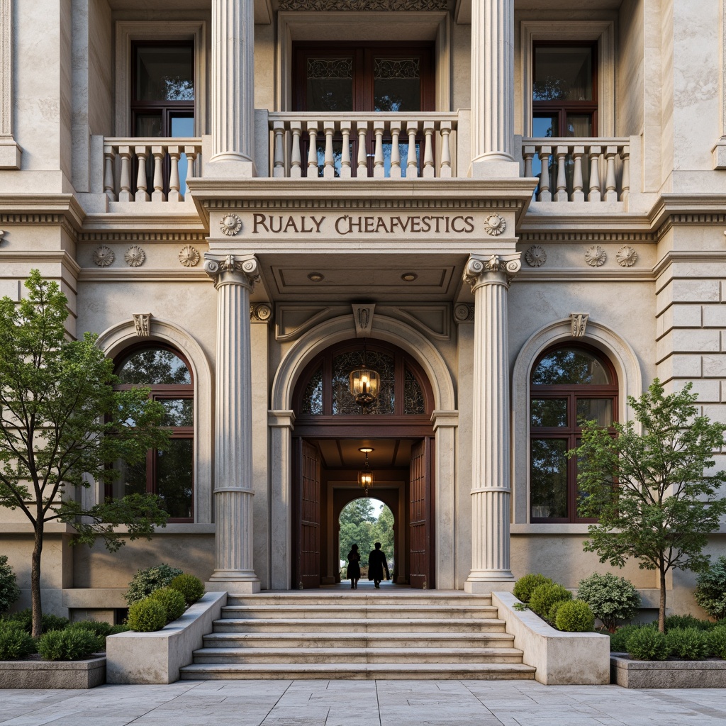 Prompt: Grandiose building facade, ornate columns, intricately carved details, symmetrical composition, majestic entrance, sweeping staircases, elegant balconies, classic pediments, rusticated stone walls, decorative moldings, refined ornamental motifs, subtle color palette, soft natural light, 1/1 aspect ratio, shallow depth of field, subtle texture overlays.