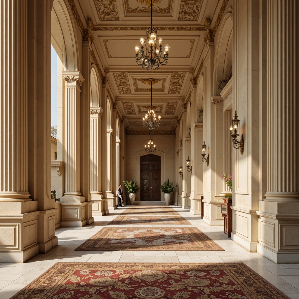 Prompt: Grandiose columns, ornate carvings, creamy marble floors, soft warm beige walls, richly patterned rugs, intricately designed ceilings, elegant chandeliers, subtle golden accents, muted earthy tones, calming atmospheric lighting, symmetrical composition, classical proportions, ornamental details, refined luxurious textures, subtle gradient effects, 3/4 perspective view.