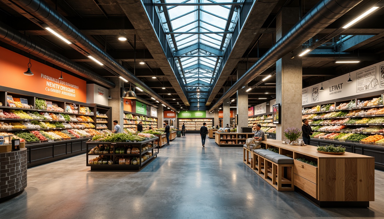 Prompt: Vibrant grocery store interior, modern shelving units, fresh produce displays, LED lighting strips, suspended ceiling fixtures, energy-efficient lamps, warm color temperatures, high-contrast signage, reflective flooring, sleek checkout counters, minimalist d\u00e9cor, urban industrial aesthetic, exposed ductwork, polished concrete floors, natural stone accents, abundant skylights, soft diffused lighting, 1/2 composition, shallow depth of field, realistic reflections.