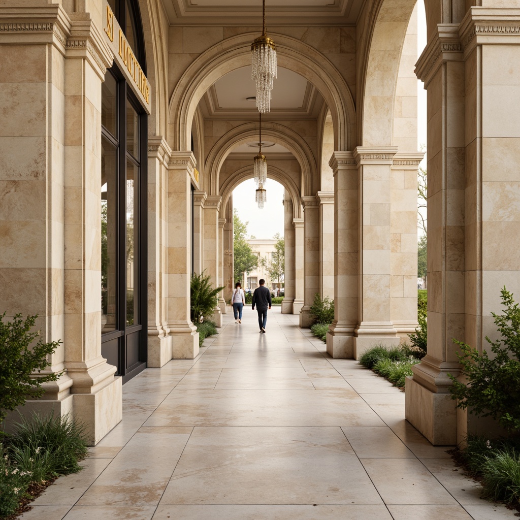 Prompt: Elegant neoclassical buildings, ornate columns, grand archways, symmetrical facades, cream-colored marble, rich gold accents, soft beige stonework, subtle earth tones, muted greenery, lavish interior decor, intricate moldings, crystal chandeliers, warm golden lighting, shallow depth of field, 1/1 composition, realistic textures, ambient occlusion.