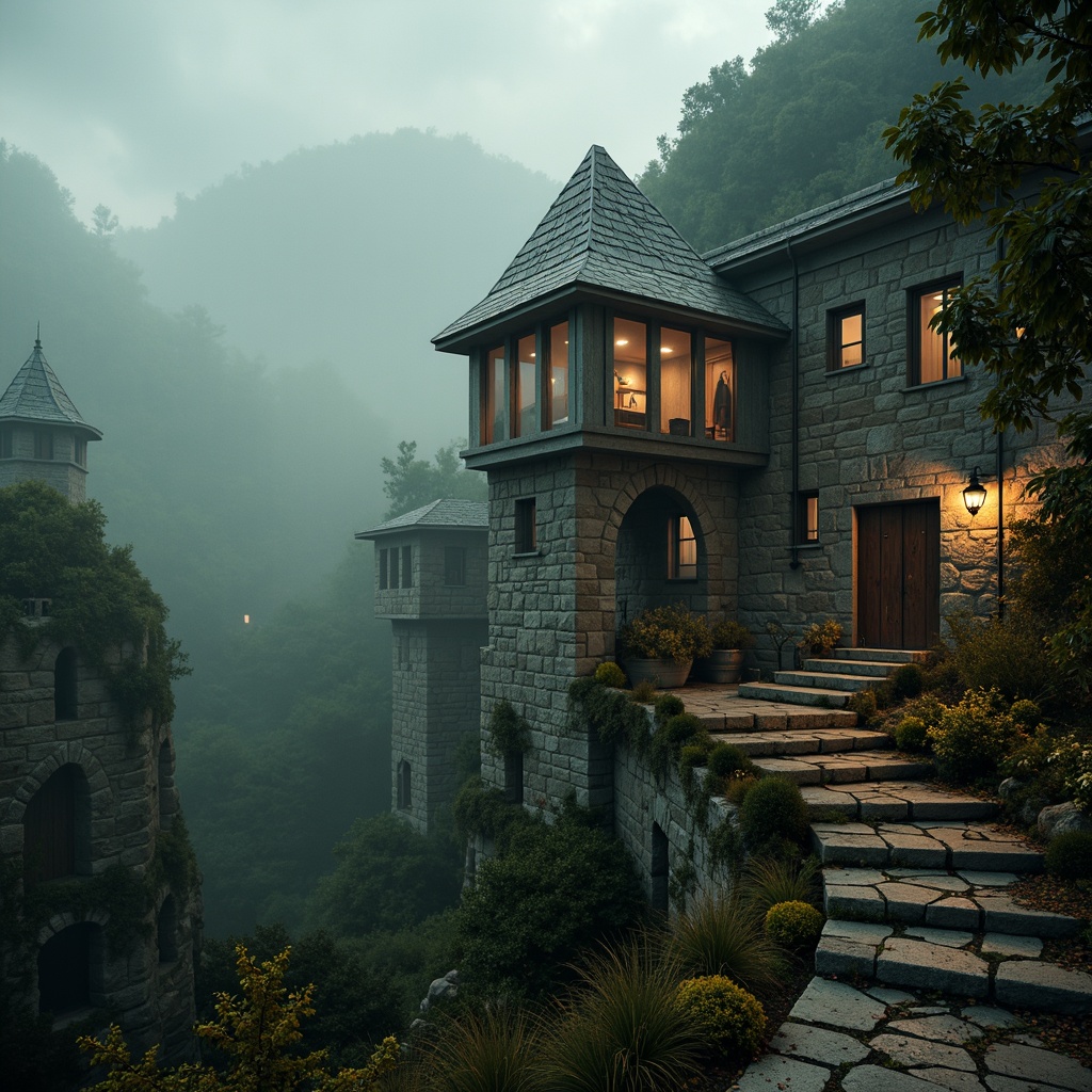 Prompt: Mysterious watching towers, rugged mountainous terrain, ancient stone walls, misty foggy atmosphere, winding steep staircases, lantern-lit passageways, moss-covered roofs, intricately carved wooden doors, worn stone flags, overgrown vegetation, eerie silence, dramatic cloudy skies, warm golden lighting, 1/2 composition, atmospheric perspective, rich textures, subtle color grading.