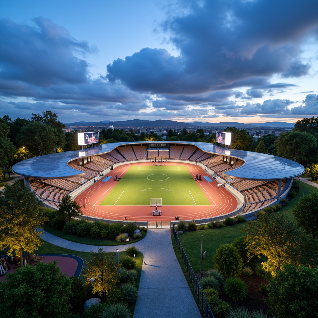 Prompt: Aerodynamic sports facility, curved lines, metallic materials, sleek modern architecture, vibrant color schemes, athletic track, soccer field, basketball court, tennis court, goalposts, scoreboards, stadium seating, floodlights, evening atmosphere, soft warm lighting, shallow depth of field, 3/4 composition, panoramic view, realistic textures, ambient occlusion, lush greenery, natural surroundings, winding paths, fitness equipment, outdoor furniture.