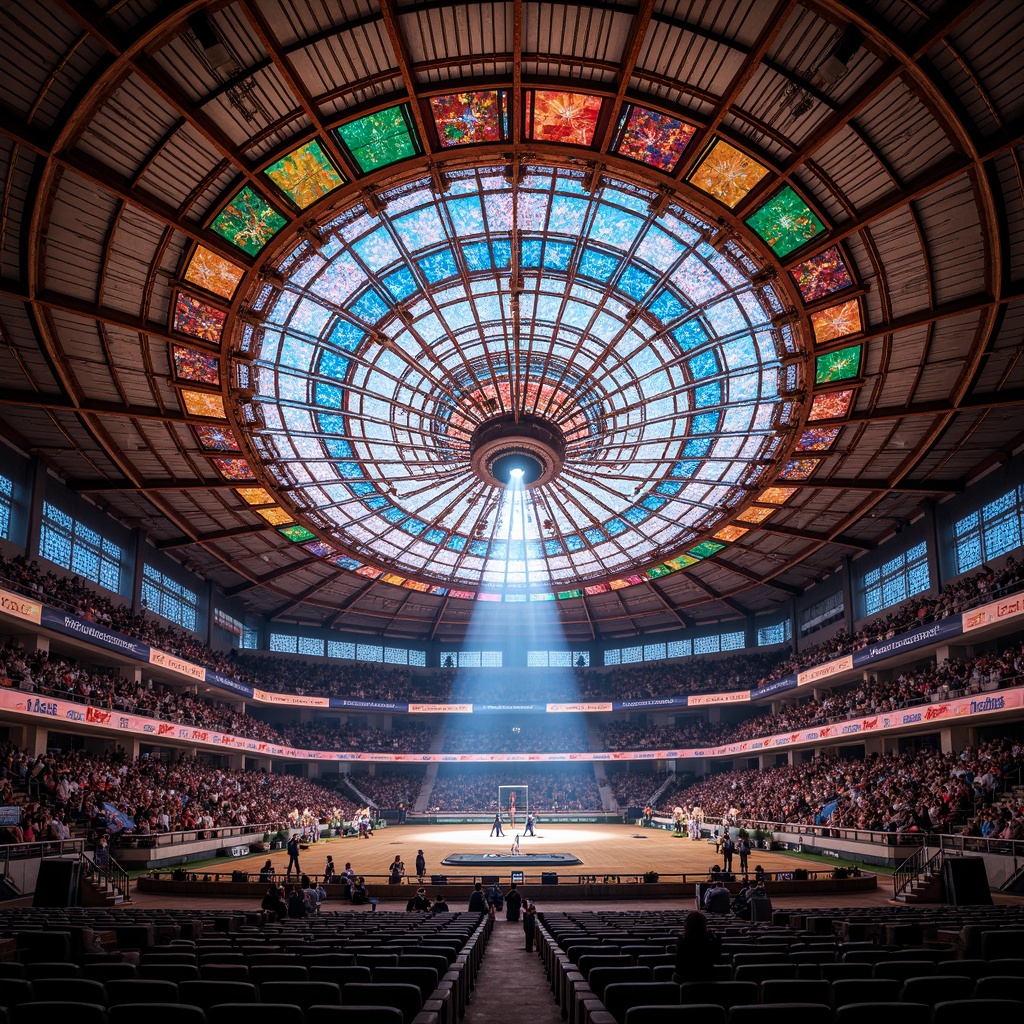 Prompt: Vibrant stadium interior, intricate stained glass ceilings, kaleidoscope colors, abstract patterns, ornate details, grandiose architecture, majestic arches, sweeping curves, dramatic lighting effects, shimmering reflections, warm ambient glow, 1/1 composition, symmetrical framing, high-angle shot, rich textures, atmospheric perspective.