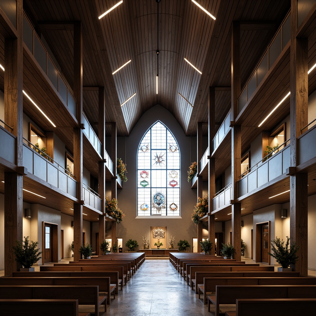 Prompt: Contemporary church interior, sleek lines, minimalist decor, stained glass windows, vaulted ceilings, ornate chandeliers, pendant lights, LED strips, ambient lighting, warm white tones, subtle color temperatures, suspended fixtures, geometric shapes, industrial materials, metal accents, polished concrete floors, natural stone walls, modern pews, wooden benches, spiritual ambiance, soft warm glow, 1/1 composition, high contrast ratio, dramatic shadows.